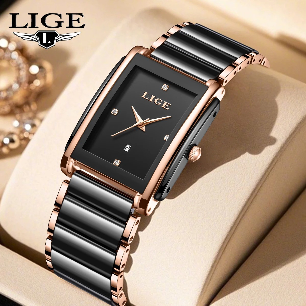 LIGE-89156 Watch Waterproof Fashion Creative Square Siramic Watch