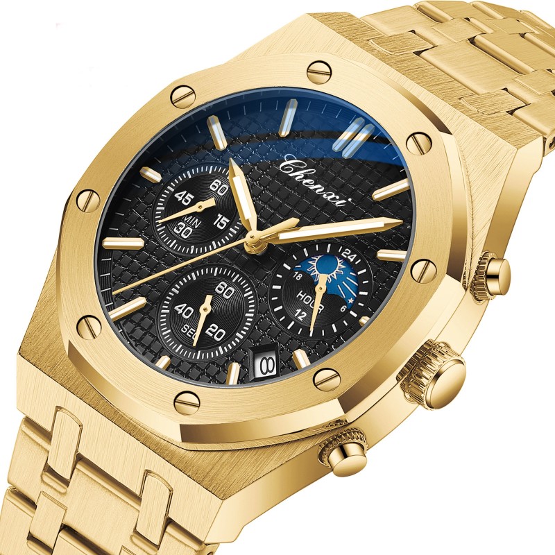 Luxury Gold Watches for Men Royal Stainless Steel Waterproof Chronograph Golden Business Casual Male Quartz Wristwatch