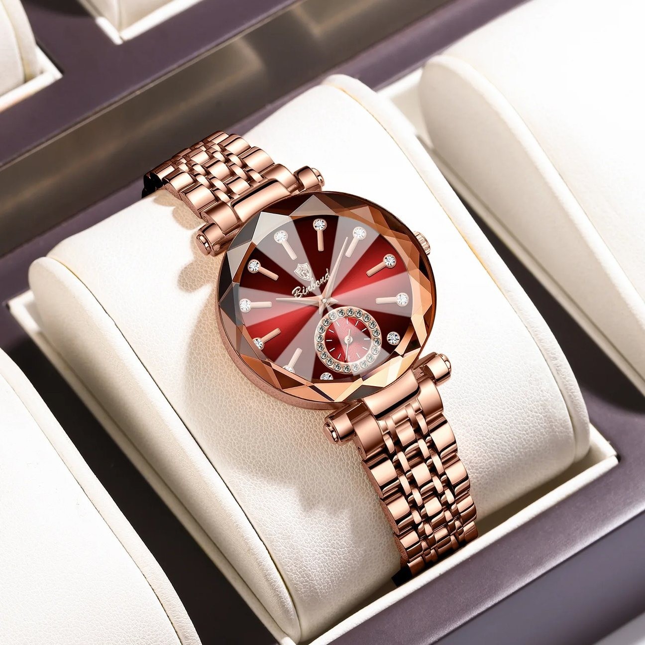 Red Rose Gold Stainless Steel Women Gift Clock Watches