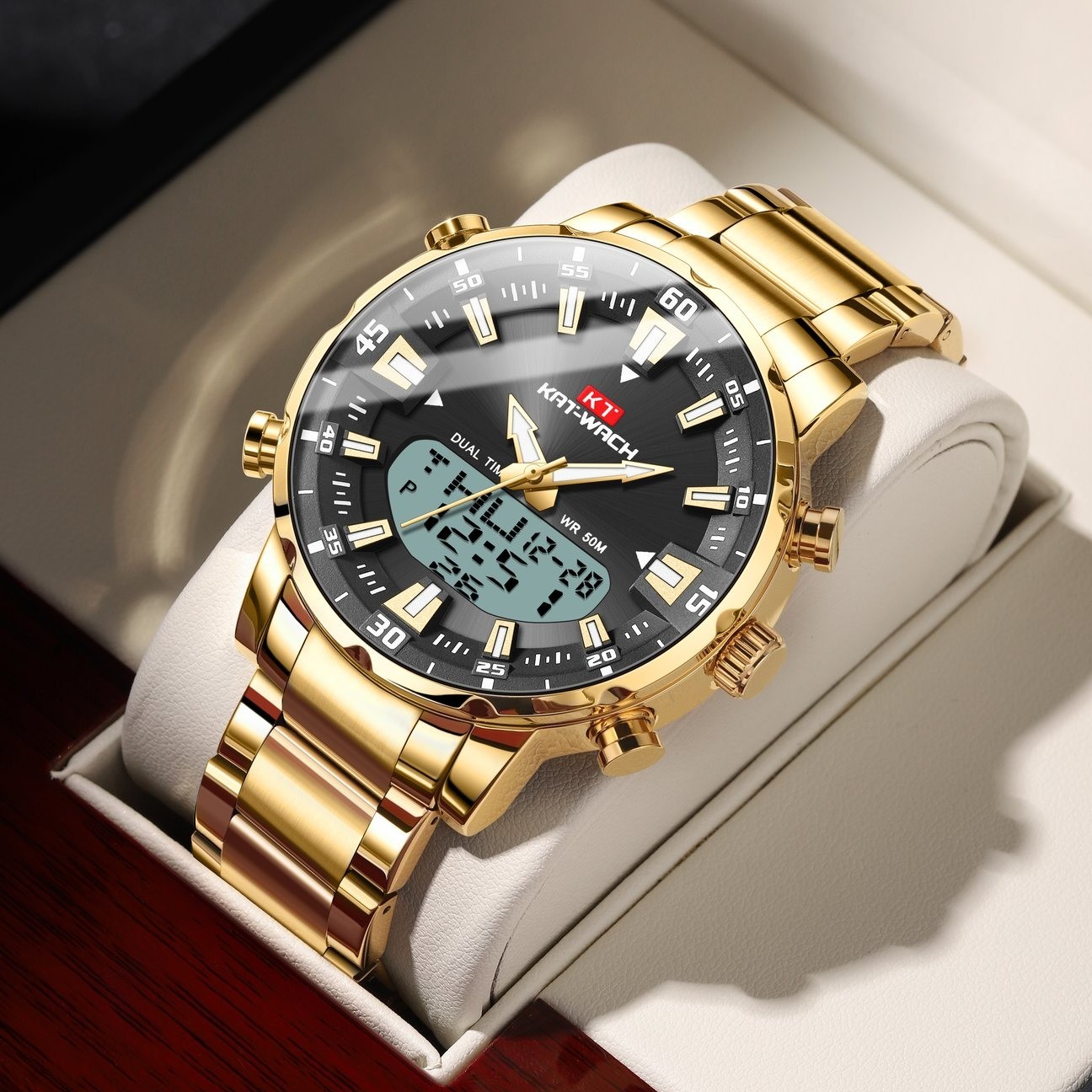 KAT-WATCH Golden Electronic Digital Sports Watches Count Down Stopwatch Clock Waterproof Watch